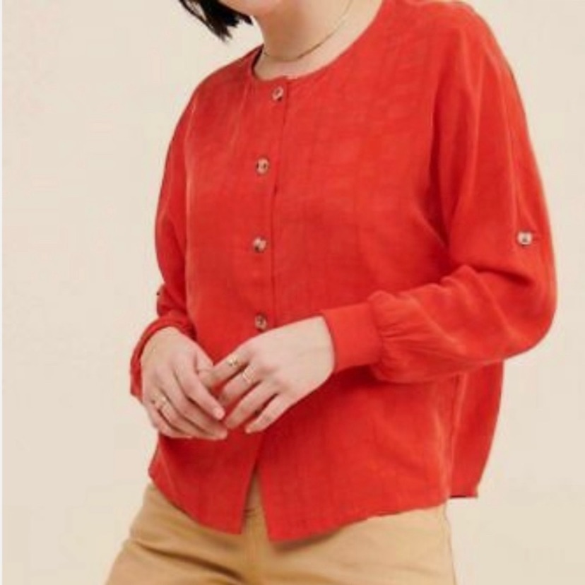 $174 Anthropologie Callahan Red Geometric Lib Puff-Sleeve Button-Up Cupio Blouse